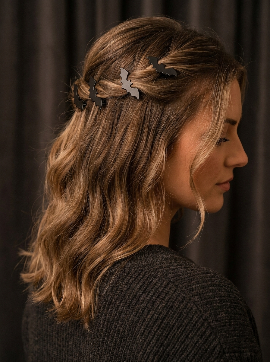 Bat Clip Half-Up Style als Halloween Frisuren für Frauen Inspiration 2026